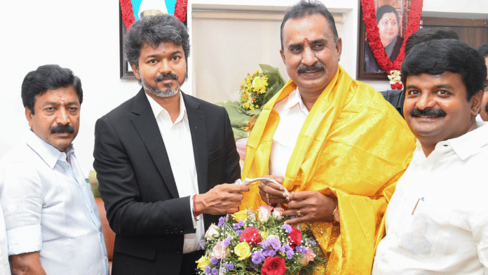 File photo. | Tamil Nadu CM Vijay met AIADMK MLA C.V. Shanmugam in Chennai on 12 May, a day before the floor test. | ANI
