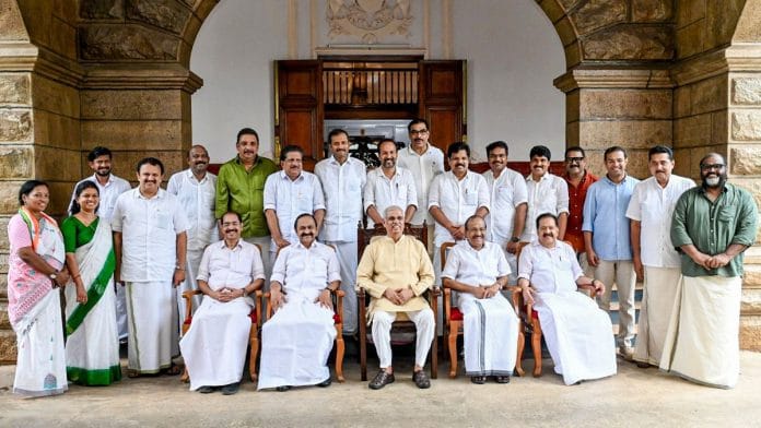 Kerala Governor Rajendra Vishwanath Arlekar with newly sworn-in state Chief Minister VD Satheesan and the Council of Ministers, in Thiruvananthapuram | Photo: @KeralaGovernor/X via PTI