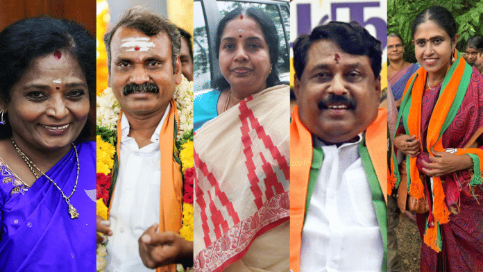 (From L-R) BJP has fielded Tamilisai Soundararajan from Mylapore, L Murugan from Avanashi (SC), Vanathi Srinivasan from Coimbatore North, N Nagendran from Sattur and S Vijayadharani from Vilavancode. | ANI/X