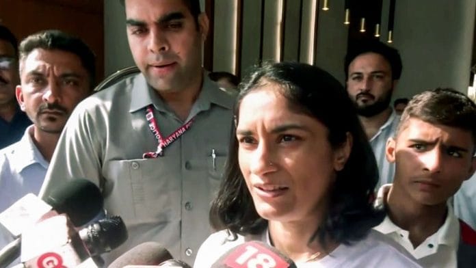 Congress leader and wrestler Vinesh Phogat speaks with media on being denied participation by the WFI in the National Open Ranking Tournament, in Ayodhya | ANI Video Grab