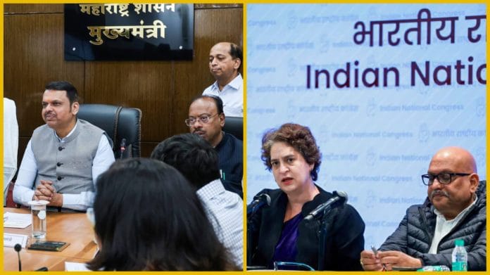 Maharashtra CM Devendra Fadnavis at a meeting & (right) Priyanka Gandhi with UP Congress chief Ajay Rai | Photos: ANI