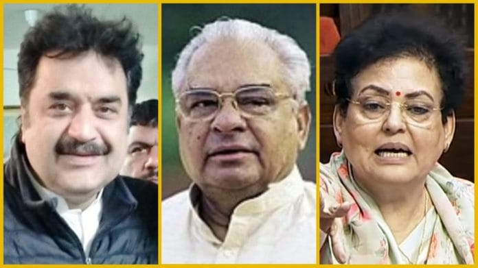 (L to R) Haryana BJP leader Kuldeep Bishnoi, his late father Bhajan Lal and BJP MP Rekha Sharma | Photos: ANI