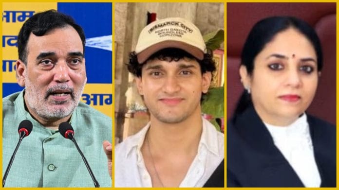 (L to R) Aam Aadmi Party (AAP) leader Gopal Rai, journalist Saurav Das and Justice Swarana Kanta Sharma | Photos: ANI/X/HC