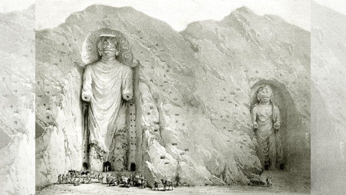 The colossal idols at Bameean, engraving from Alexander Burnes' 'Travels into Bokhara' | L Haghe, 1833 | Courtesy Wikimedia Commons