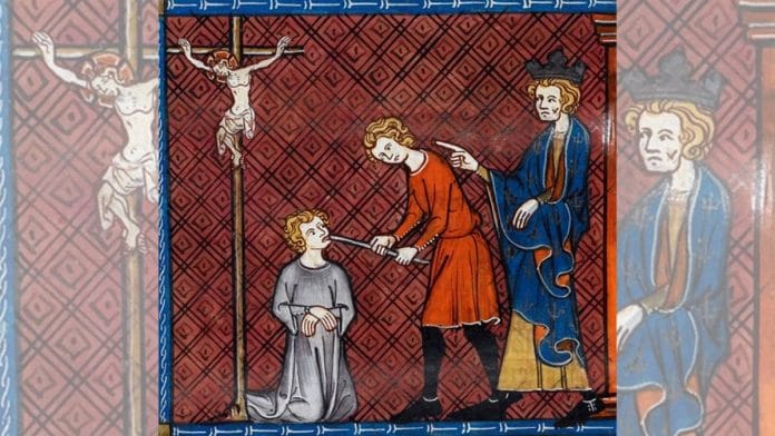 Punishment of Blasphemer, from Chroniques de France ou de St Denis, 14th century | Wikimedia Commons