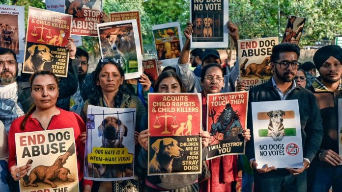 Representational image of a protest in support of stray dogs, at Delhi's Jantar Mantar last November | ANI