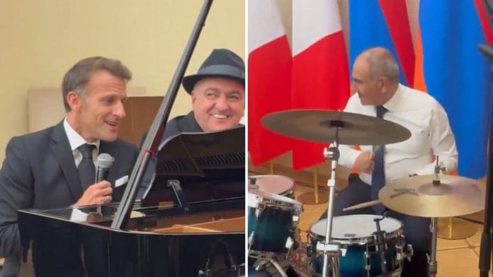 French President Emmanuel Macron singing 'La Boheme', with Armenian Prime Minister Nikol Pashinyan on the drums | X/@anna_p_neumann
