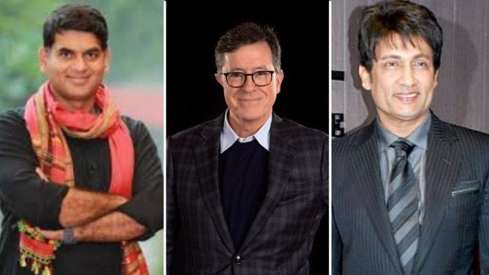 (L-R) Saurabh Dwivedi, Stephen Colbert and Shekhar Suman | Wikimedia Commons
