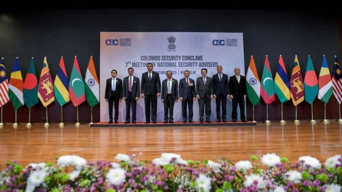 National Security Advisors of the Colombo Security Conclave countries pose for a group photograph at the 7th Meeting of the NSAs of the CSC. | ANI