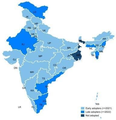 Source: Authors’ compilation based on state government gazette notifications issued by state labour departments.Notes: Where both draft and final rules were notified, the year of the first notification is reported. As of April 2026, final rules have been notified by Arunachal Pradesh and Gujarat.