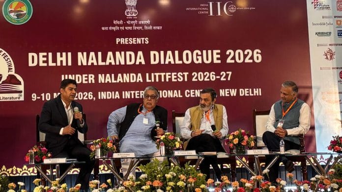 Gaurav Sawant, Purushottam Agrawal, Tripurari Sharan, and Sachin Chaturvedi at the India International Centre, New Delhi | Photo: Nishtha Modgil, ThePrint