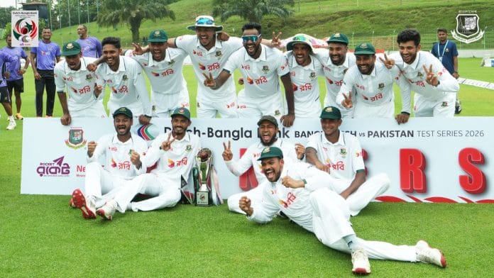 Bangladesh cricket team celebrates defeating Pakistan by 78 runs on the fifth day of the second and final Test to complete a historic 2-0 series sweep | Source: @BCBtigers, X