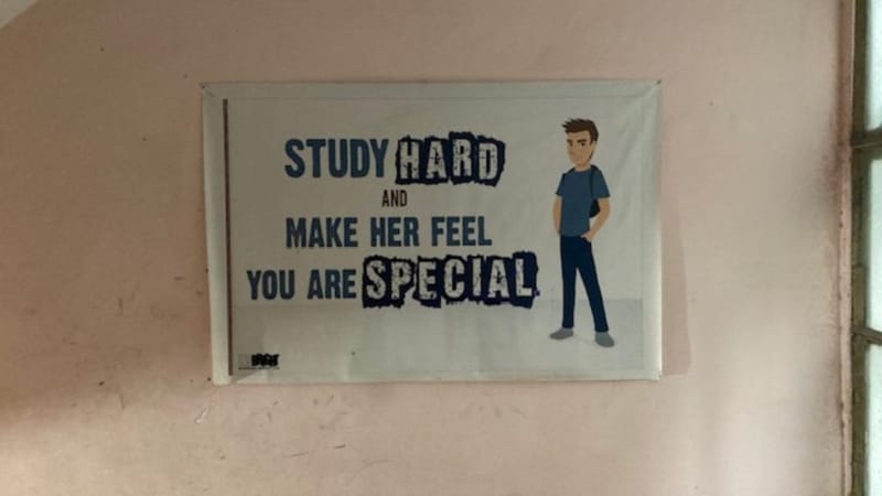 Poster leading up to Wave The Library in Delhi’s Patel Garden that reads, “Study Hard Make her feel special” l Photo: Preksha | ThePrint