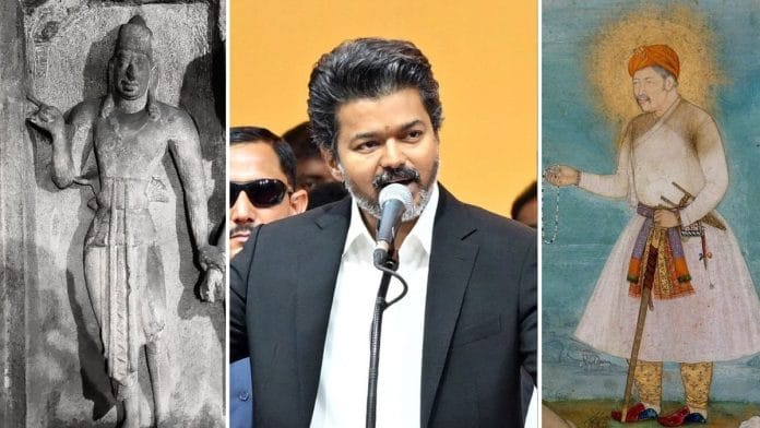 (L-R) Pallava King Mahendra-varman I, Tamil Nadu CM C Joseph Vijay, and Mughal Emperor Akbar | Wikimedia Commons, ANI