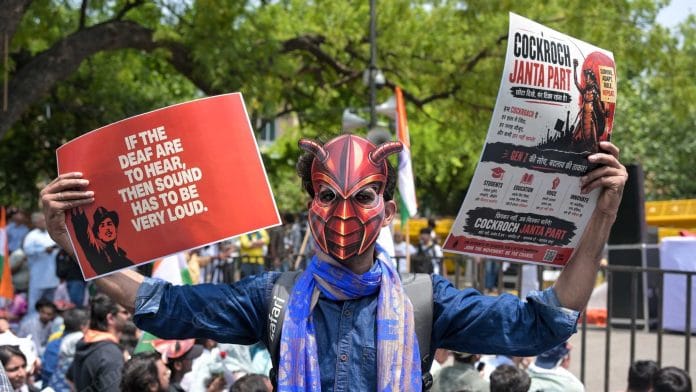 Cockroach Janata Party and its supporters at Jantar Mantar in New Delhi as they continue their protest seeking Union Education Minister Dharmendra Pradhan’s resignation | Suraj Singh Bisht