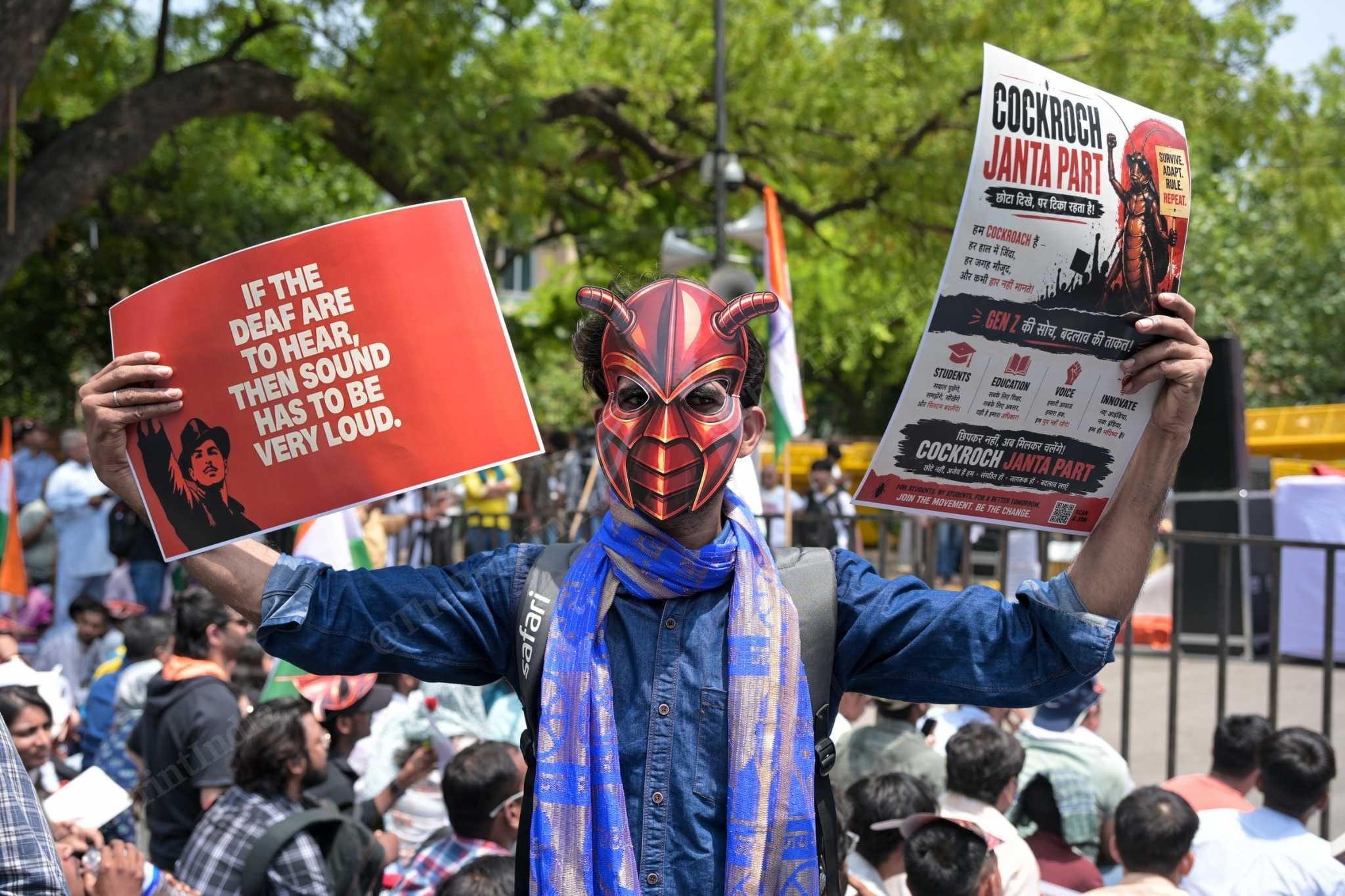 Cockroach Janata Party and its supporters at Jantar Mantar in New Delhi as they continue their protest seeking Union Education Minister Dharmendra Pradhan’s resignation | Suraj Singh Bisht