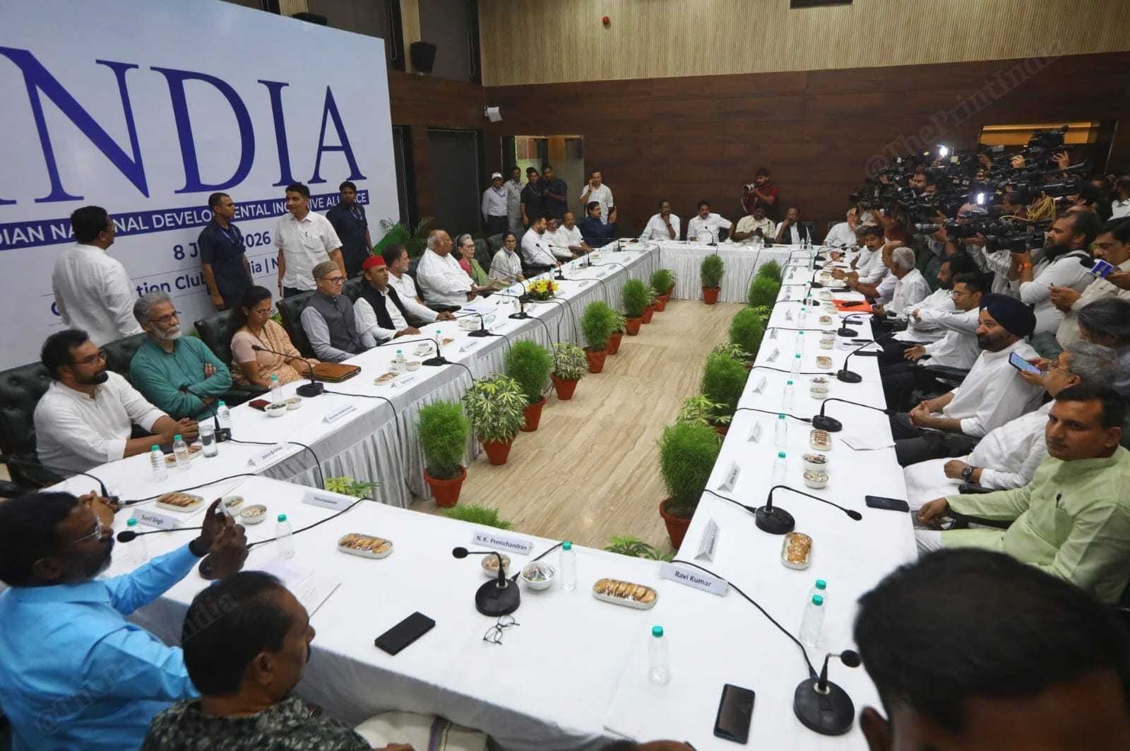 Leaders of the INDIA Janbandhan parties gather at the Constitution Club in New Delhi. Sonia Gandhi, Mallikarjun Kharge, Mamata Banerjee, Rahul Gandhi, Akhilesh Yadav, Omar Abdullah, Tejashwi Yadav and other leaders participate. | Photo: Praveen Jain, ThePrint