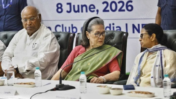 Congress president Mallikarjun Kharge and party leader Sonia Gandhi with TMC chief Mamata Banerjee at the INDIA bloc meeting in New Delhi on Monday | Photo: Praveen Jain | ThePrint