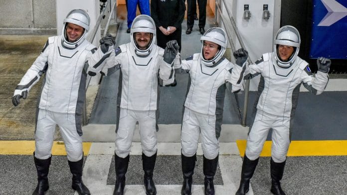 NASA’s Crew-12 members, Russian cosmonaut Andrey Fedyaev, NASA astronauts Jack Hathaway, Jessica Meir, and ESA astronaut Sophie Adenot walk out of the Operations & Checkout Building at the Kennedy Space Center before transport to Launch Complex 40, ahead of their launch to the International Space Station, in Cape Canaveral, Florida, U.S., February 13, 2026. | REUTERS/Steve Nesius/File Photo