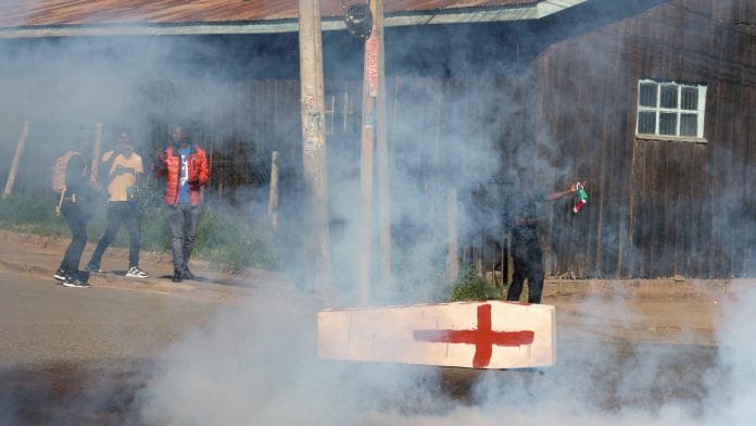 Demonstrators take part in a protest against a U.S.-backed Ebola quarantine plan to establish a 50-bed facility at a Kenyan air force base intended to host Americans exposed to Ebola, in Nanyuki town, Laikipia County, Kenya, June 9, 2026. REUTERS/Monicah Mwangi