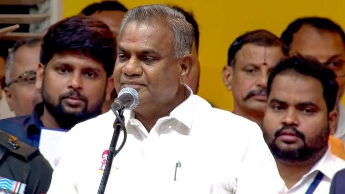 Chennai, May 10 (ANI): Tamilaga Vettri Kazhagam (TVK) leader N. Anand takes oath as the Minister for the state of Tamil Nadu during the oath-taking ceremony at Jawaharlal Nehru Indoor Stadium, in Chennai on Sunday. (TN DIPR/ANI Video Grab)