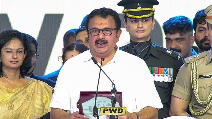 Thiruvananthapuram, May 18 (ANI): Congress leader K. Muraleedharan takes oath as Keralam Minister during the swearing-in ceremony of the Keralam Government, at Central Stadium, in Thiruvananthapuram on Monday. | ANI