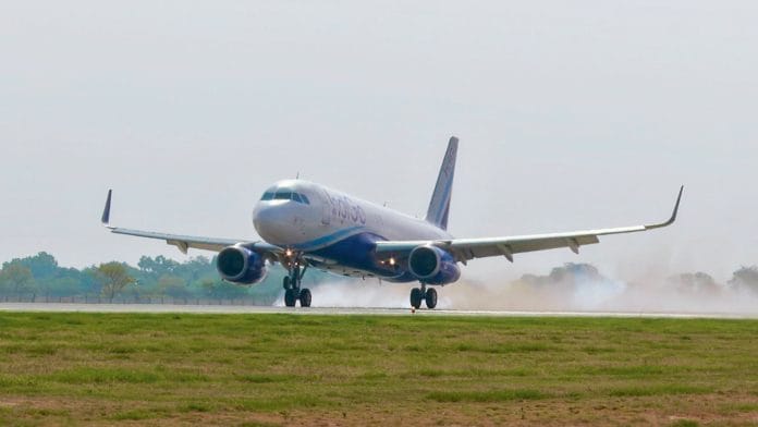 Noida [Uttar Pradesh], Jun 10 (ANI): An IndiGo aircraft lands on the runway during a full-scale aircraft turnaround trial conducted under the Operational Readiness, Activation and Transition (ORAT) programme at Noida International Airport, in Noida on Wednesday. (Noida International Airport/ANI Photo)