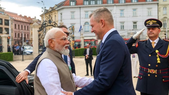 Prime Minister Narendra Modi being welcomed by Slovak President Peter Pellegrini at Presidential Palace, in Bratislava on Monday. | DPR PMO/ANI Photo