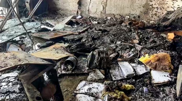 Greater Noida, Jun 25 (ANI): A view of the charred remains after a fire breaks out on the ninth floor of the Golden I office building, in Greater Noida on Thursday. (ANI Video Grab)