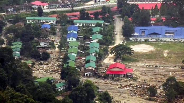 The aftermath of the flash flood, caused by a cloudburst that resulted in extensive destruction at NEEPCO Colony (on June 24), in Potin on Friday. | ANI Video Grab