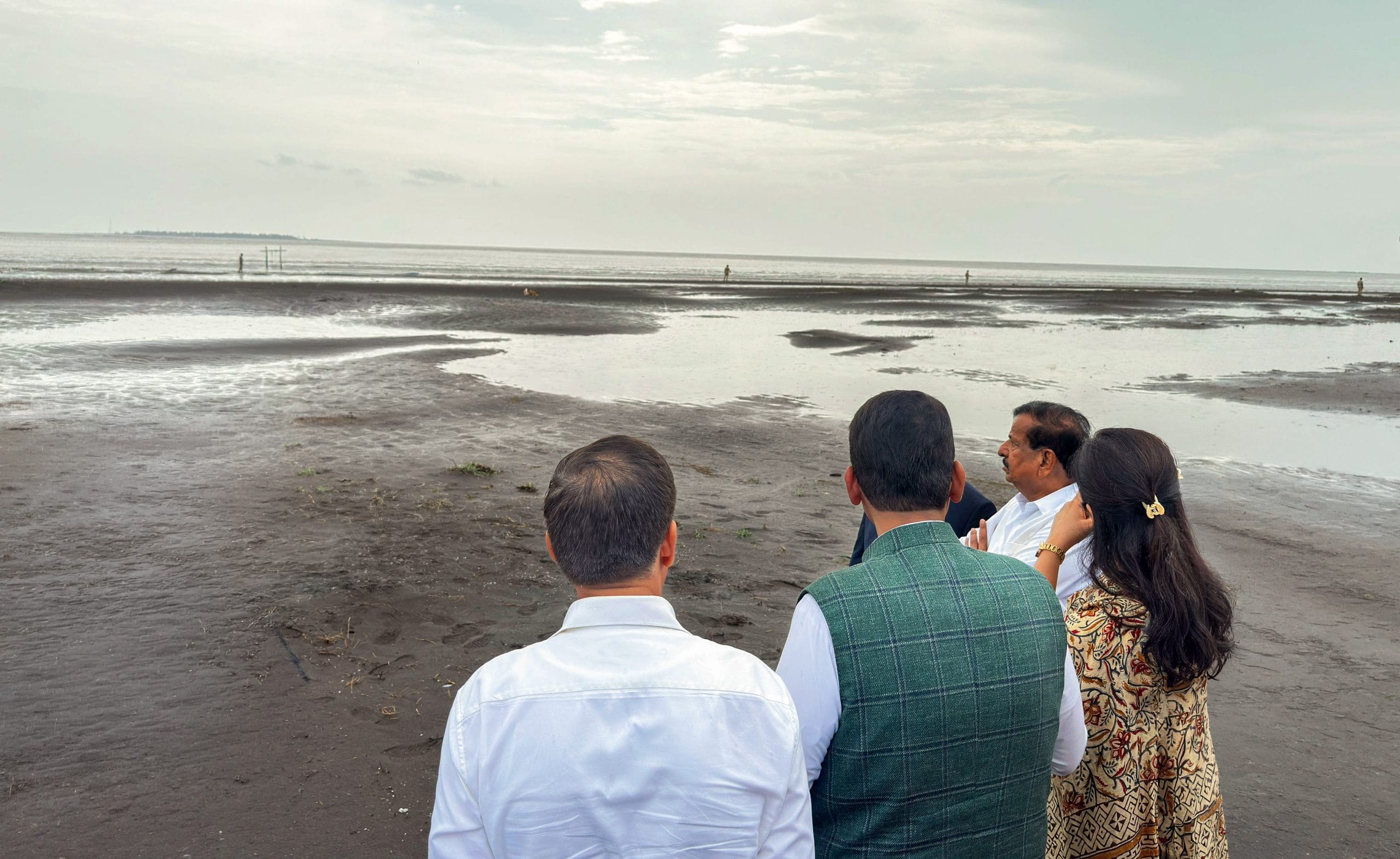 CM Devendra Fadnavis during the inspection of the site of the country's first proposed offshore airport in Palghar on Sunday. | X/@CMOMaharashtra