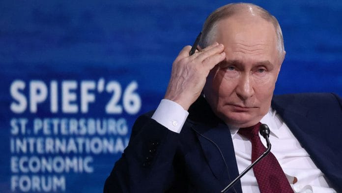 Vladimir Putin looks on during the plenary of the Saint Petersburg International Economic Forum SPIEF'26 on June 5, 2026 in Saint Petersburg, Russia.