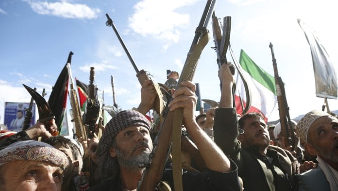 Houthi supporters in Sanaa, Yemen, in March. | BLOOMBERG