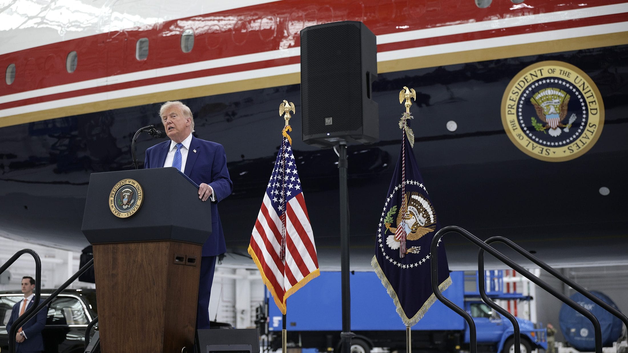 President Donald Trump delivers remarks after touring the newest aircraft in the presidential fleet at Andrews Air Force Base at Joint Base Andrews, Maryland, on June 19, 2026. Photographer: Alex Wong/Getty Images