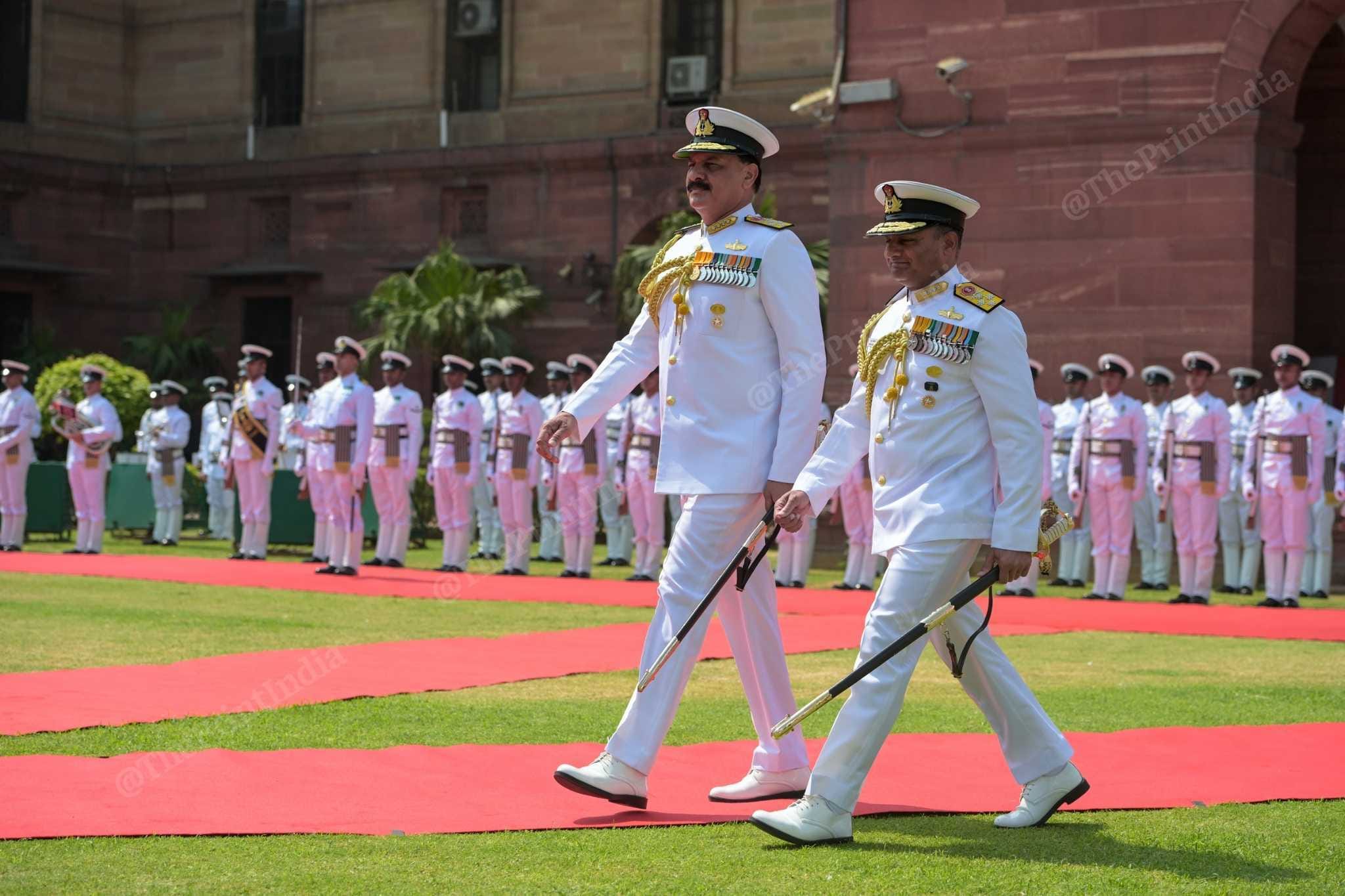 Outgoing Chief of the Naval Staff Admiral Dinesh K Tripathi handing over baton to ⁠Admiral K Swaminathan at South Block lawn in New Delhi on 31 May, 2026 | Suraj Singh Bisht/ThePrint