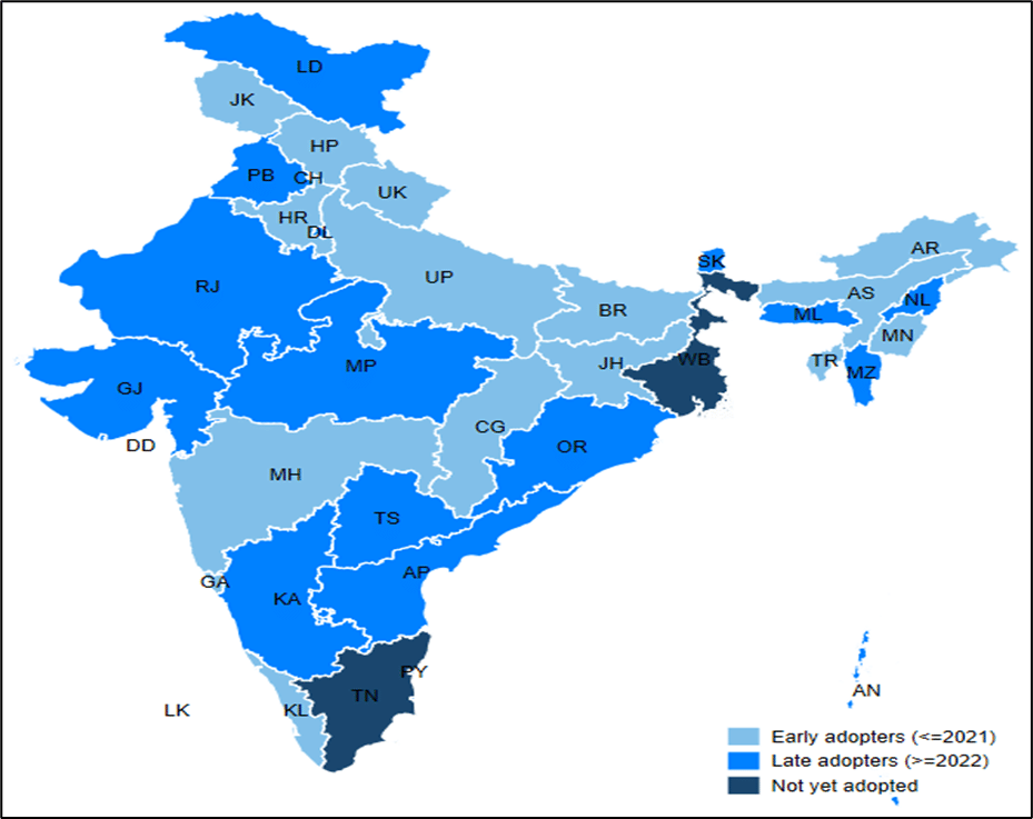 Source: Authors’ compilation based on state government gazette notifications on the Code on Social Security issued by state labour departments (2020-2025).Notes: The map shows the year in which states and union territories issued draft or final rules under the Code on Social Security, 2020. Where both draft and final rules were notified, the year of the first notification is reported.