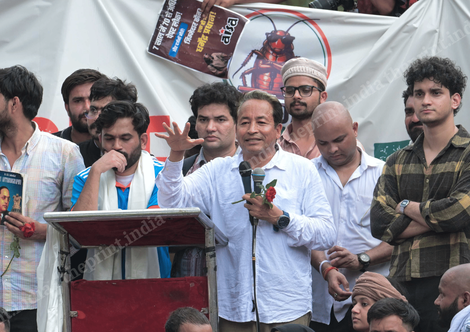 Cockroach Janta Party founder Abhijeet Dipke and educator-activist Sonam Wangchuk addressing supporters at CJP’s first offline protest, at Jantar Mantar in New Delhi, on 6 June 2026 | Suraj Singh Bisht/ThePrint