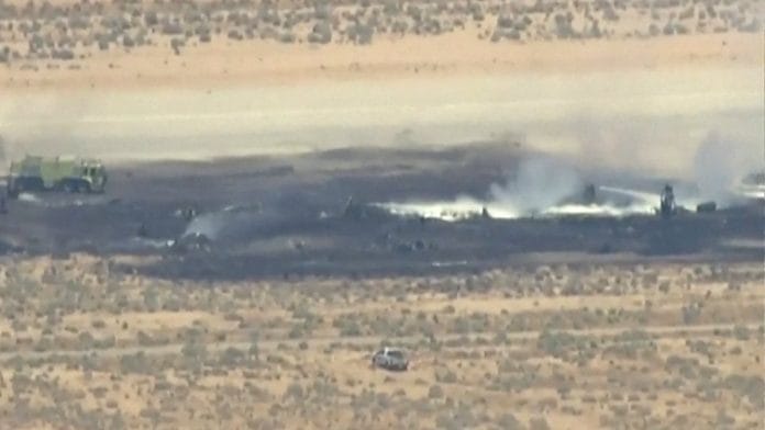 Smoke rises from a blackened part of Edwards Air Force Base after the crash of a US Air Force B-52 bomber aircraft in Edwards, California on 15 June, 2026, in a still image from news helicopter video | ABC Affiliate KABC via Reuters