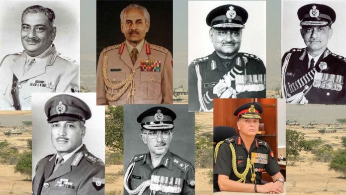 The 7 Chiefs of Army Staff (COAS) from Armoured Corps, clockwise from left: General Maharaj Shri Rajendrasinhji Jadeja, General A S Vaidya, General Bipin Chandra Joshi, General Shankar Roychowdhury, General Jayanto Nath Chaudhuri, General Vishwanath Sharma, and Lt Gen Dhiraj Seth