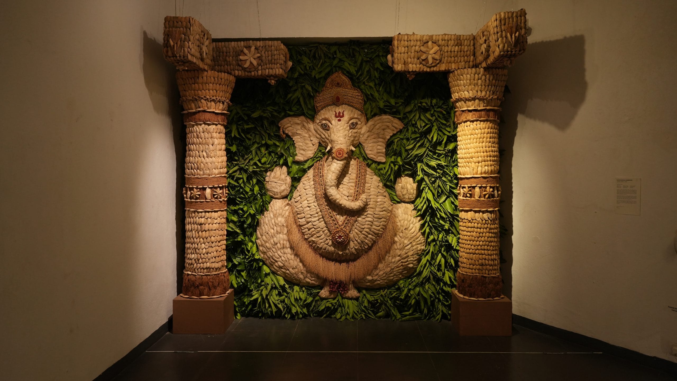 Artwork by Datta Naik, a matoli artist, who built a canopy for a Ganesha pandal from 1,500 dried mango seeds, with pillars made of discarded shells | Photo: Museum of Goa