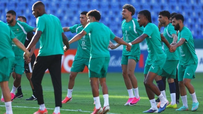Morocco's Achraf Hakimi, Bilal El Khannouss and Ismael Saibari with teammates during training | Daniel Becerril | Reuters