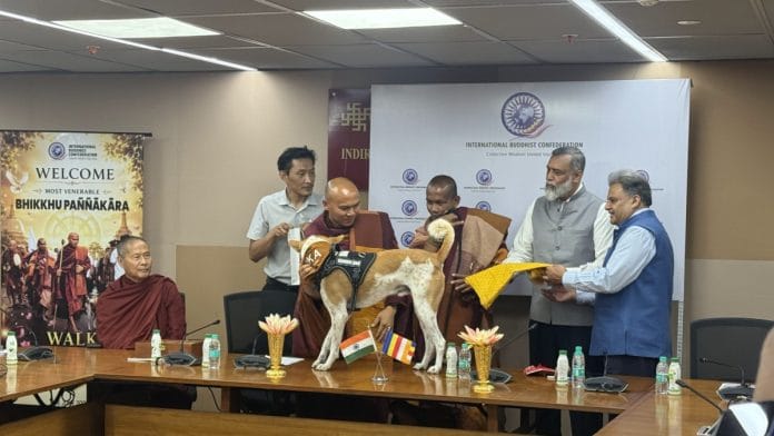 The delegation of Buddhist monks, led by Bhikkhu Pannakara, at an event at the Indira Gandhi National Centre for the Arts in New Delhi | Photo: Tarini Unnikrishnan | ThePrint