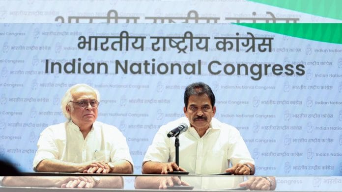 Congress General Secretary K. C. Venugopal and Congress MP Jairam Ramesh during the Congress party briefing at the AICC office, in New Delhi on Thursday | AICC/ANI