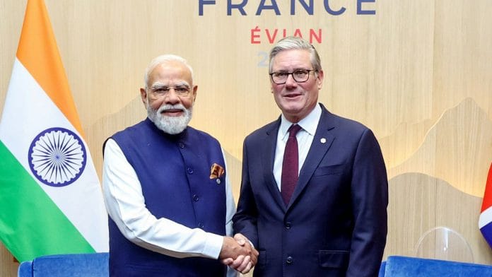 Prime Minister Narendra Modi meets United Kingdom Prime Minister Keir Starmer on the sidelines of the G7 Summit in Evian, France Tuesday | DPR PMO/ANI Photo