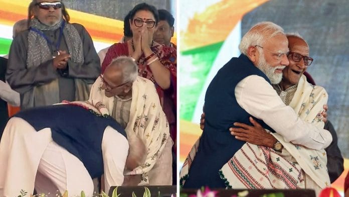 File photos of Prime Minister Narendra Modi with BJP veteran worker Makhanlal Sarkar during the swearing-in ceremony of the new West Bengal government, in Kolkata last month | DD/ANI Video Grab