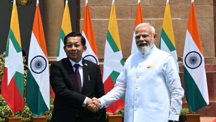 Prime Minister Narendra Modi with Myanmar President Min Aung Hlaing before a meeting at Hyderabad House in New Delhi Monday | Praveen Jain | The Print