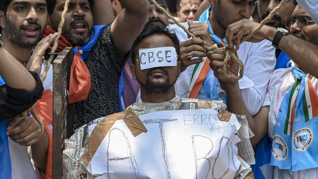 NSUI activists raise slogans during a protest, alleging irregularities in the Central Board of Secondary Education's (CBSE) On-Screen Marking (OSM) evaluation system, outside the board's headquarters at Patparganj, in New Delhi, Saturday, May 30, 2026. | PTI Photo