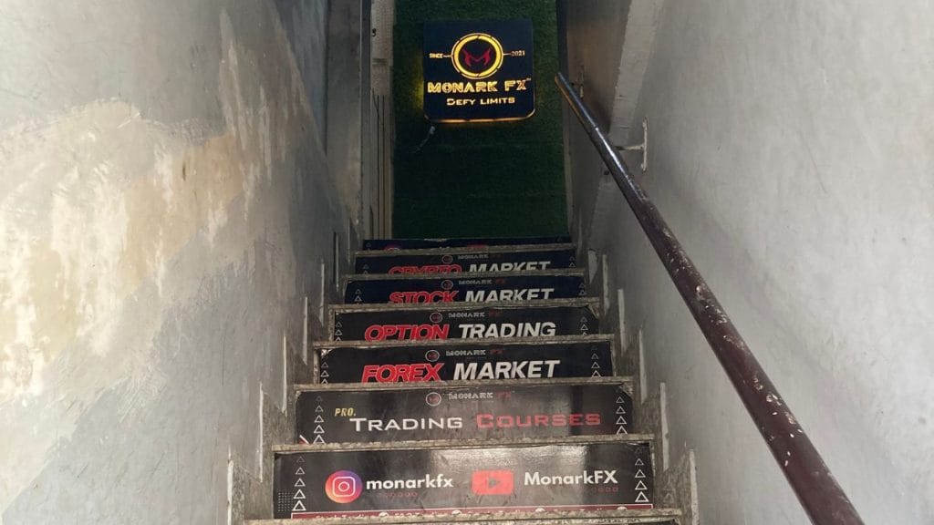 Trading options displayed on the stairs leading up to a trading institute in Delhi’s Uttam Nagar| Photo: Preksha, ThePrint