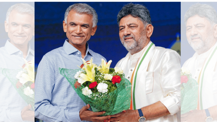 Krishna Byre Gowda (L) was allocated the portfolio, but refuses to take charge as CM Shivakumar (R) decides to retain 2 key depts. | ANI file photo
