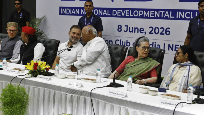 Omar Abdullah of NC, Akhilesh Yadav of Samajwadi Party, Rahul Gandhi, Mallikarjun Kharge and Sona Gandhi of Congress, and Mamata Banerjee of Trinamool Congress at the INDIA bloc meeting in New Delhi on Monday | Praveen Jain | ThePrint